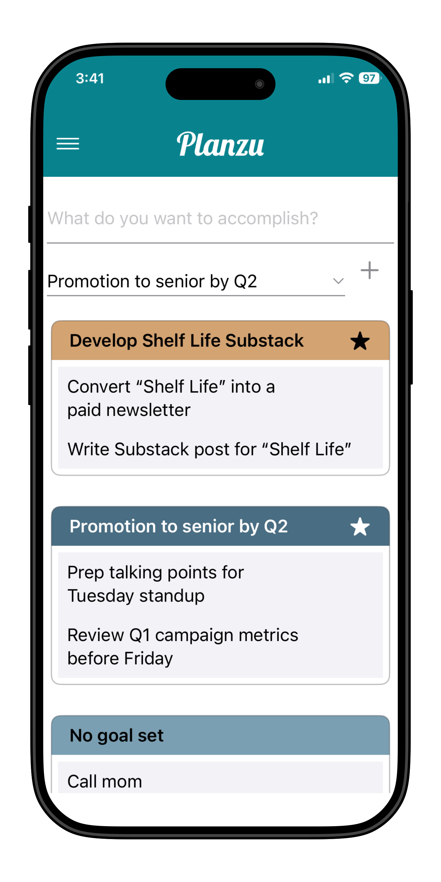 Goals view showing work organized by intention